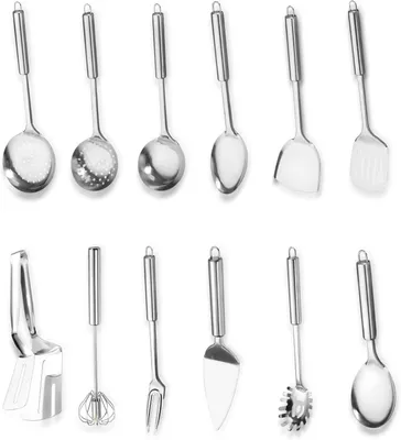 Produktbild von 13-teiliges Kochutensilien-Set aus Edelstahl mit aufhängbaren Griffen, hitzebeständig, kunststofffrei, antihaftgeeignet und spülmaschinengeeignet
