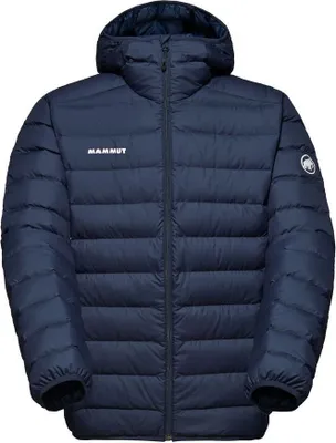 Dunkelblaue; isolierte Herrenjacke mit Kapuze von Mammut; gestepptes Design; elastische Bündchen.