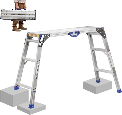 Produktbild von Arbeitsplattform, 100 x 30 cm, 2-stufig, klappbar, mit rutschfester Gummimatte, alle Beine höhenverstellbar von 65 bis 90 cm, Tragfähigkeit: 15 kg