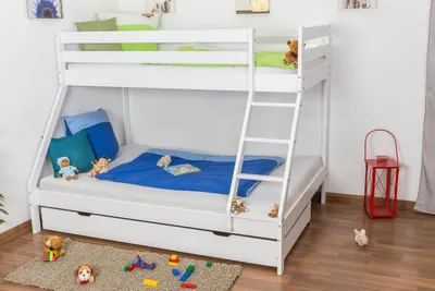 Produktbild von Etagenbett / Spielbett Lukas Buche massiv weiß lackiert mit schräger Leiter, inkl. Rollrost