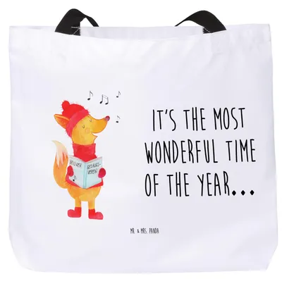 Produktbild von Mr. & Mrs. Panda Strandtasche Fuchs Sänger - Weiß - Geschenk, Weihnachten, Schultasche, Weihnachtslieder, Tasche, Winter, Singen, Tote Bag, Reisetasche, Stoffbeutel
