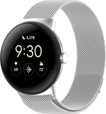 A close-up shot of a silver smartwatch with a Milanese loop band.