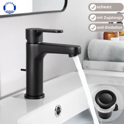 Produktbild von Cecipa Waschtischarmatur mit Ablaufgarnitur Waschbecken Wasserhahn Mischbatterie Bad Armatur ，Schwarz