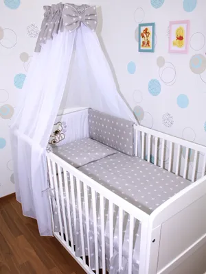 Produktbild von Primawela Baby Bettwäsche Set mit Applikation- 6 teiliges Set mit Chiffon Himmel Bettset Nestchen- 17.Bärchen mit Herzen-Sterne auf Grau