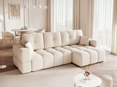 Image de Canapé d'angle modulable Idohome BUENO XL avec fonction couchage et coffre de rangement – Canapé d'angle moderne avec espace de rangement, adaptable à droite ou à gauche, revêtement bouclé crème Centaur 01