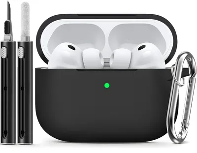 A black protective case for AirPods Pro with white AirPods inside, and a cleaning tool and carabiner clip next to it.