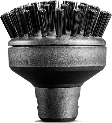 A close-up studio shot of a black cleaning brush attachment.