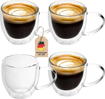 Zdjęcie produktu dla Zestaw szklanek termicznych Intirilife 4x z podwójnymi ściankami o pojemności 200-250 ml - Dmuchane, izolowane szklanki do latte macchiato, herbaty lub kawy z uchwytem
