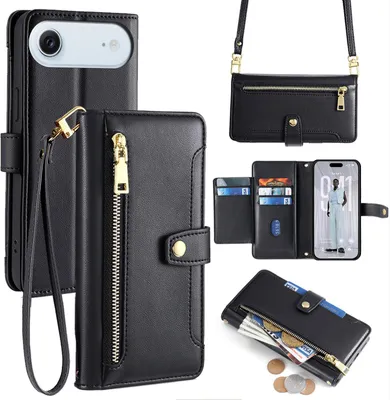 Produktbild von Handykette für iPhone Air Hülle mit Band Handyhülle Kartenfächer Kunstleder Umhängetasche in Schwarz