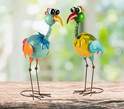 Produktbild von formano 2er Set Metall-Figur Vogel Wackel-Kopf 50 cm Gartenfigur Handbemalt Bunt