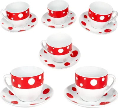 Obrázek produktu pro Pula červené puntíkaté šálky na kávu s podšálky pro 6 osob porcelánové čajové puntíkaté