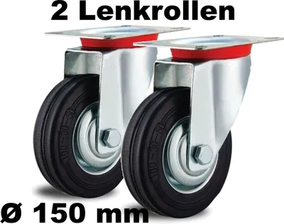 Produktbild von 2 Lenkrollen 150mm Stahlfelge Vollgummi für Innen und Außen bis 135 kg drehbar