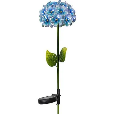A blue LED solar stake shaped like a hydrangea flower.