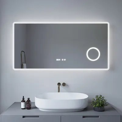 Produktbild von LED Badspiegel 120x60cm mit Beleuchtung Kaltweiß 6400K Lichtspiegel Badezimmerspiegel Wandspiegel mit Touchschalter Uhr 3-fach Lupe IP44 Memory-Funktion Dimmbar Spiegelheizung Ecken Abgerundet Energiesparend