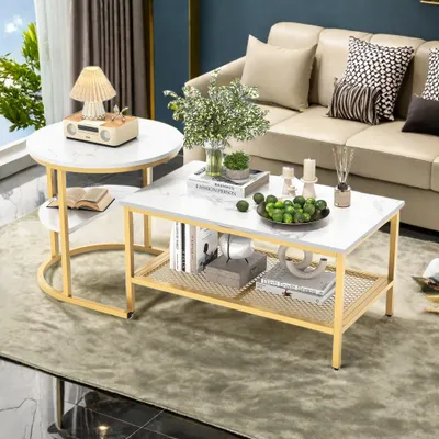 Image de Table basse moderne, set de 2, tables gigognes, support métallique étanche et motif en marbre, pour salon, balcon, bureau