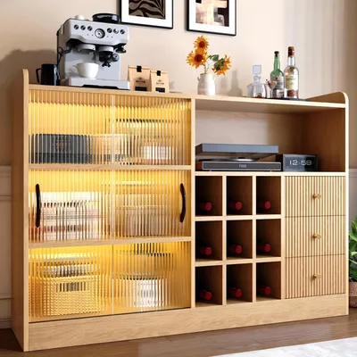 Image de Armoire de rangement rétro avec étagères à vin, éclairage LED et portes coulissantes en verre semi-transparent, meuble combiné pour le stockage de vin, armoire, style naturel
