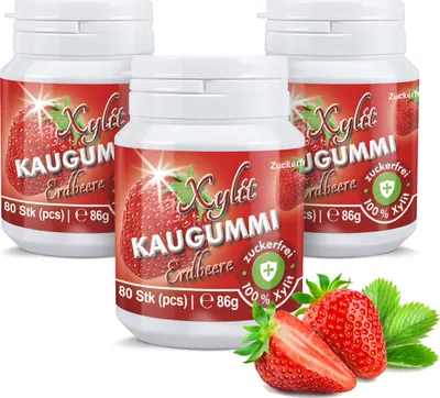 Produktbild von Xylitquelle Zahnpflegekaugummi ERDBEERE | 3 x 80 Stk | 100% Xylit für angenehmen Atem | zuckerfrei, vegan, ohne Aspartam | 240 Kaugummis (3er Pack)