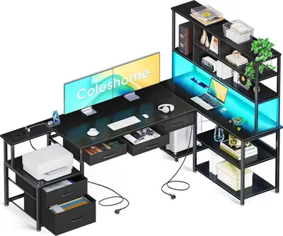 Obrázok produktu pre Rohový písací stôl Coleshome LED USB čierny 180 × 100 cm