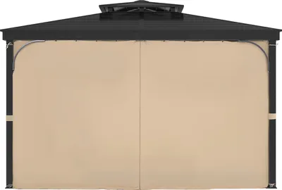 A front view of a gazebo with beige curtains drawn closed.