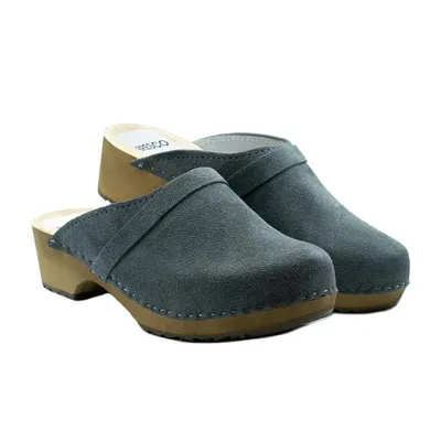 Immagine prodotto di Sandali in legno da donna, realizzati in velluto grigio con cinturini – Comode ciabatte in legno con tacco basso, taglia 37