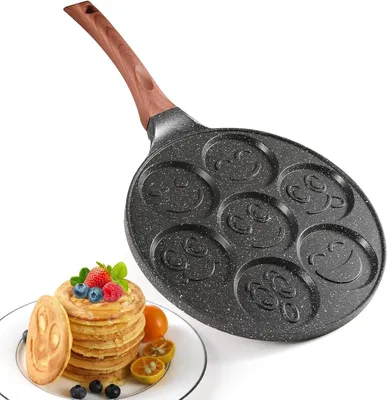 Produktbild von Smiley Pfannkuchenpfanne - Crêpepfanne mit 7 Mulden - Für Mini-Pfannkuchen - Rutschfester Griff - Aluminium - Schwarz