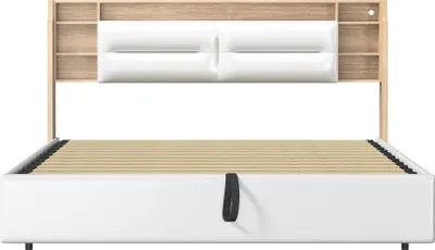 Obrázek produktu pro Dřevěná postel UnboxG klasická postel 160x200cm s LED diodou, manželská postel s úložným prostorem, postel pro mládež Manželská postel s roštovým rámem a úložným prostorem, bílá