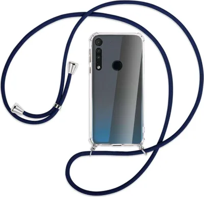 Produktbild von Handykette Backcover-Schutzhülle mit Band (Metall silberfarben) für Motorola One Macro - dunkelblau
