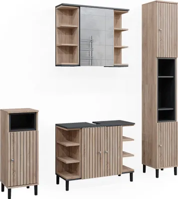 A set of four bathroom furniture pieces displayed against a white background.