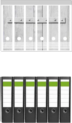 Produktbild von Wallario 6 Stück breite Ordner inkl. Klebeetiketten mit Motive Graue Holztür -  Set mit Rückenschildern / Ordnerrücken Stickern