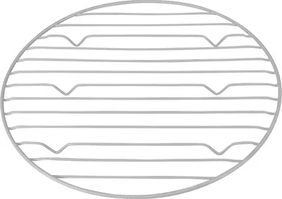 A round wire rack with horizontal bars and curved indentations on some bars.