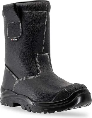 A black work boot is shown against a white background.