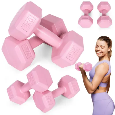 Zdjęcie produktu dla Hantle sześciokątne zestaw 2x2 kg ciężarki do ćwiczeń obciążniki fitness różowe MOVEPRO