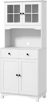 Produktbild von Küchenschrank Hochschrank mit Mikrowellenregal, 2 Schränken, 2 Schubladen, Vitrinenschrank mit Verstellbaren Ablagen, Kippschutz, Buffetschrank für Wohnzimmer, Esszimmer, Weiß