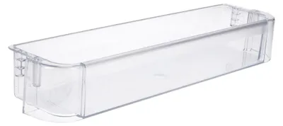 A clear, professional studio shot of a transparent plastic refrigerator door shelf.