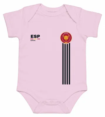 Obrázek produktu pro Španělsko, fotbal, býk, erb, fanoušek, mistrovství Evropy, body pro kojence, růžová barva, velikost 0/3