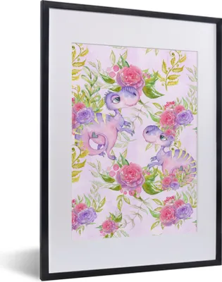 Produktbild von MuchoWow® Gerahmtes Poster Dinosaurier - Blumen - Kinderzimmer - Mädchen - Rosa - Kinder 30x40 cm - Poster mit Schwarzem Bilderrahmen Wandposter Rahmen Foto Bilder - Wandposter Schlafzimmer