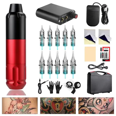 Produktbild von Tattoo Maschine Rotations Set, Komplettset mit Nadeln & Übungshaut, Aluminium Gehäuse, Fußpedal, Profi Tattoo Zubehör, Rot, Hochwertig