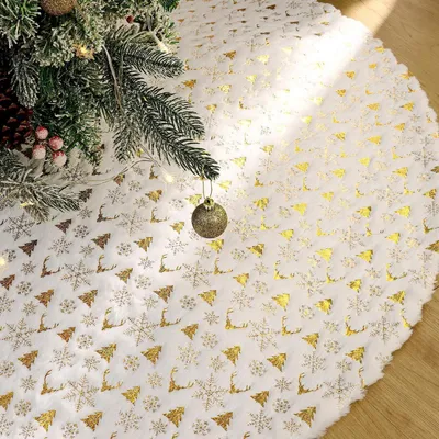 Image de Couvre-sapin de Noël, 90 cm, blanc, en peluche, tapis pour sapin de Noël, motif flocons de neige, forme ronde