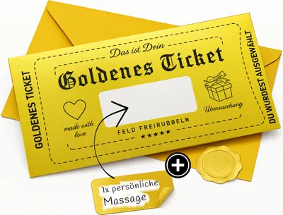 Produktbild von Goldenes Ticket - Gutschein zum selber ausfüllen mit Rubbelfeld, Aufkleber & Umschlag, Geschenk, Kinogutschein, Geburtstagskarte, Geburtstagsgeschenk