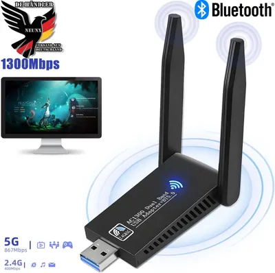 A collage advertising a dual-band USB Wi-Fi adapter with Bluetooth, showing the device, a computer monitor, and technical specifications.