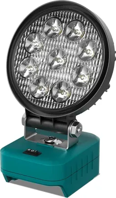 A close-up studio shot of a portable LED work light on a white background.