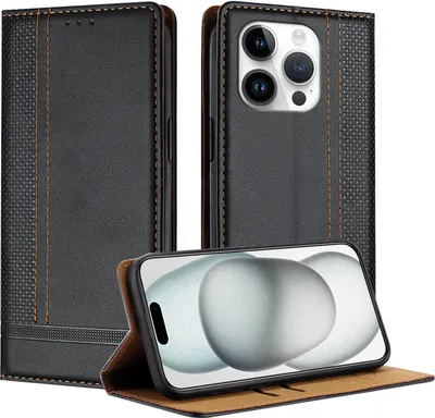 Produktbild von Handyhülle für iPhone 15 Pro Leder Flip Klappbare Schutzhülle mit Standfunktion Schwarz