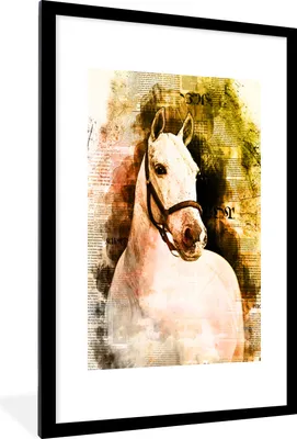 Produktbild von MuchoWow® MuchoWow® Gerahmtes Poster Pferd - Weiß - Zeitung - Mädchen - Kinder - Mädchen 60x90 cm - Poster mit zchwarzem Bilderrahmen - Dekoration - Wandposter Wohnzimmer - Hochwertig