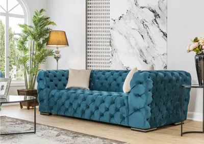 Zdjęcie produktu dla Sofa Chesterfield 4 siedziska do salonu tapicerka drewniana tapicerka luksusowa niebieska