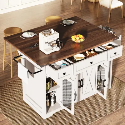 Immagine prodotto di Carrello da cucina MODFU bianco con cinque rotelle, isola da cucina con piano di lavoro estraibile, tavolo da cucina con presa di corrente e altezza di lavoro di 91 cm