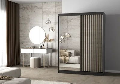 Produktbild von Easy4You Lami V Schwarz/Sonoma Schiebetürenschrank Kleiderschrank 150x200x61 cm mit Spiegel - Schlafzimmermöbel, Aufbewahrung – Mehrzweckschrank mit Kleiderstange und Lamellen