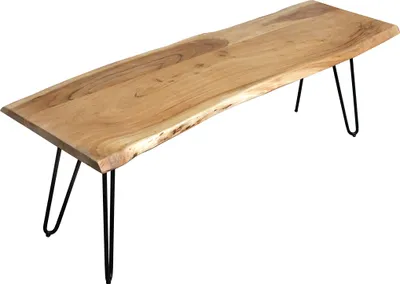 Produktbild von Esszimmerbank 160x42 cm Quintus, Akazienholz massiv & naturfarben, echte Baumkante, Baumkantenbank mit Hairpin-Gestell Schwarz, Sitzbank mit 26 mm Platte