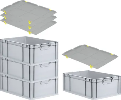 Produktbild von SuperSparSet 4x Eurobox NextGen Economy mit Auflagedeckel und 4x Schiebeschnappverschlüsse Gelb | Griffe geschlossen | HxBxT 22x40x60cm | 44 Liter | Eurobehälter, Transportbox, Transportbehälter, Stapelbehälter