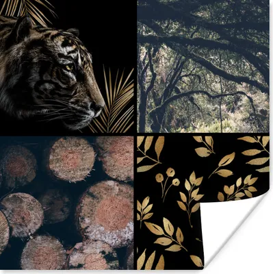 Produktbild von MuchoWow® Poster Tiger - Collage - Baum - Gold 75x75 cm - Wand Dekoration