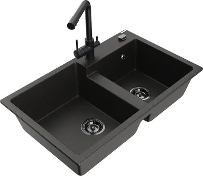 Produktbild von Mexen Tomas 2-Becken-Granitspüle mit Mischbatterie Duero, Schwarz/Gold metallisch - 6516-75-671600-70-B